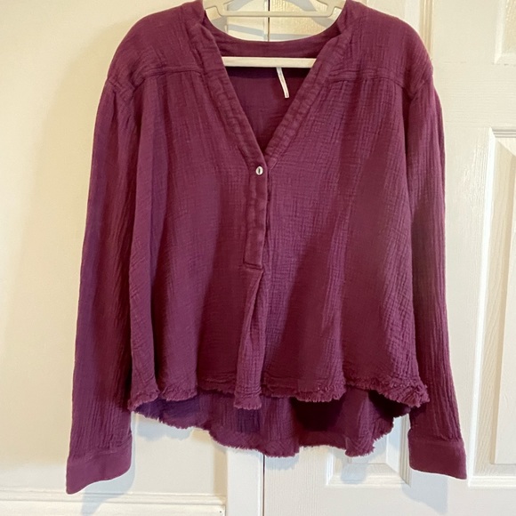 Free People Changing Horizons Gauze Crinkle Waffle Knit Pullover in Plum Purple - Picture 4 of 6